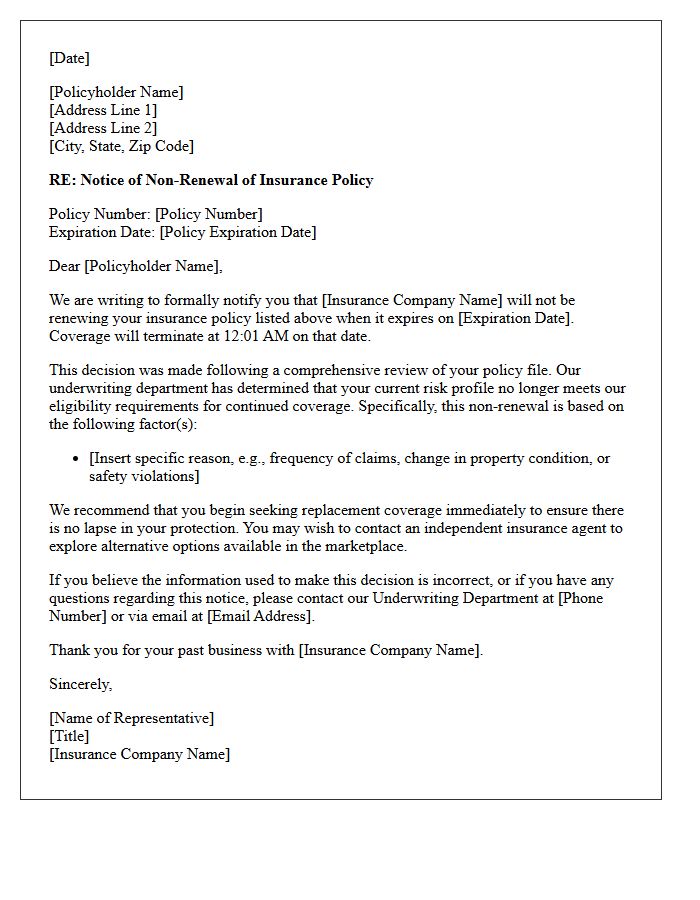 Policyholder Non-Renewal Letter Regarding Elevated Risk Profile