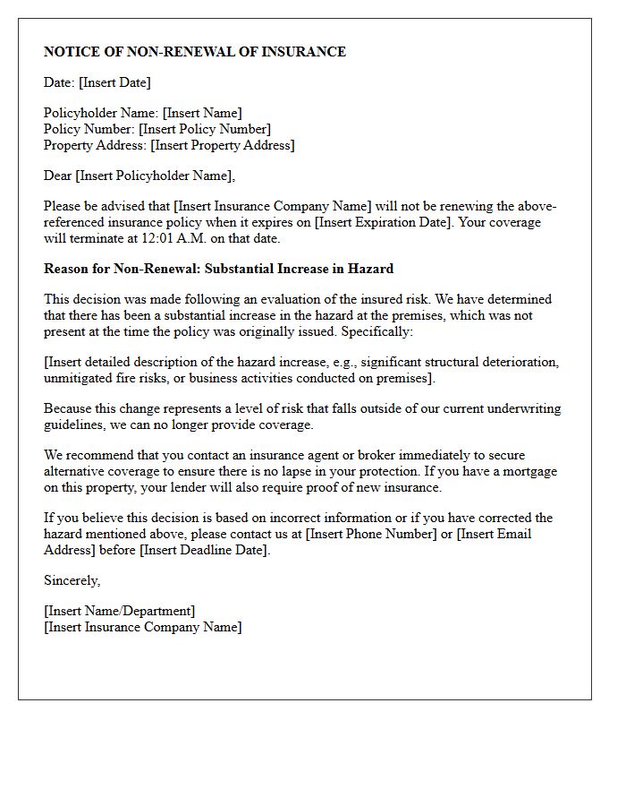 Substantial Hazard Increase Coverage Non-Renewal Letter