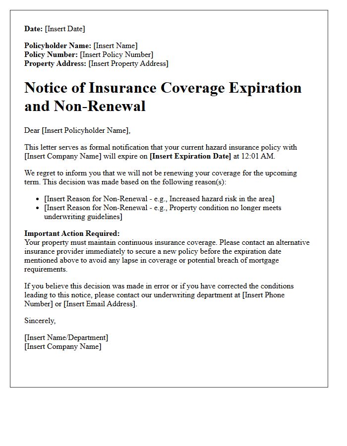 Insurance Coverage Expiration and Hazard Risk Non-Renewal Letter