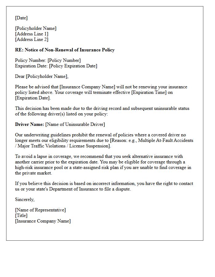 Notice of Non-Renewal Due to Uninsurable Driver Letter