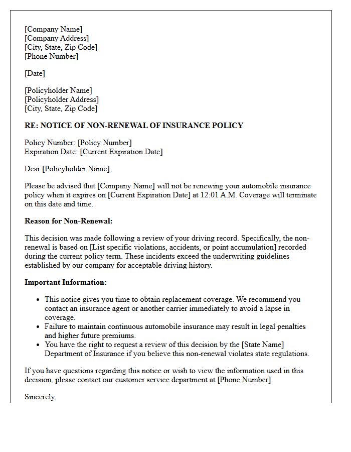 Official Letter of Policy Non-Renewal for Unacceptable Driving Record