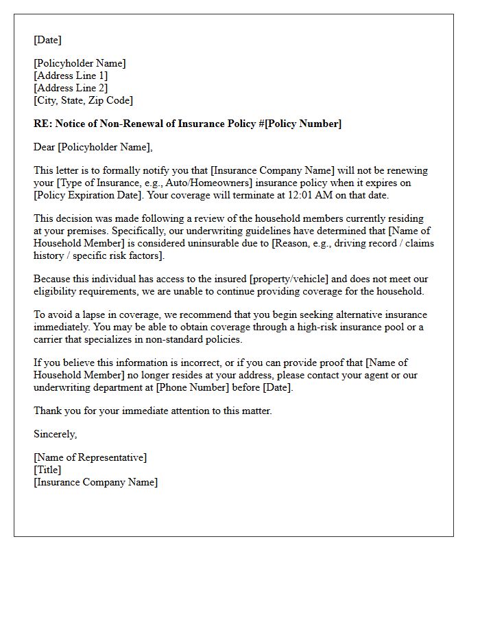Uninsurable Household Member Non-Renewal Notification Letter