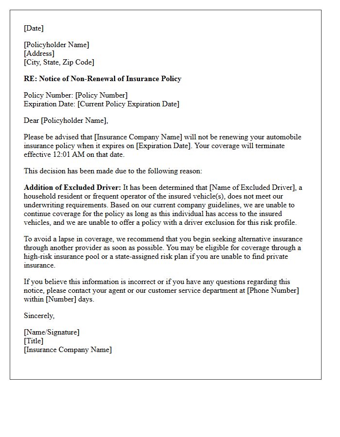 Letter of Non-Renewal Regarding Addition of Excluded Driver