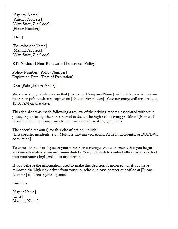 Insurance Agency Letter Informing Policyholder of Non-Renewal Due to High-Risk Driver