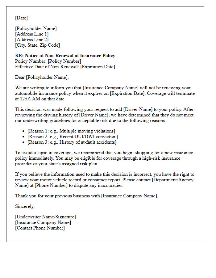 High-Risk Driver Addition Policy Non-Renewal Letter