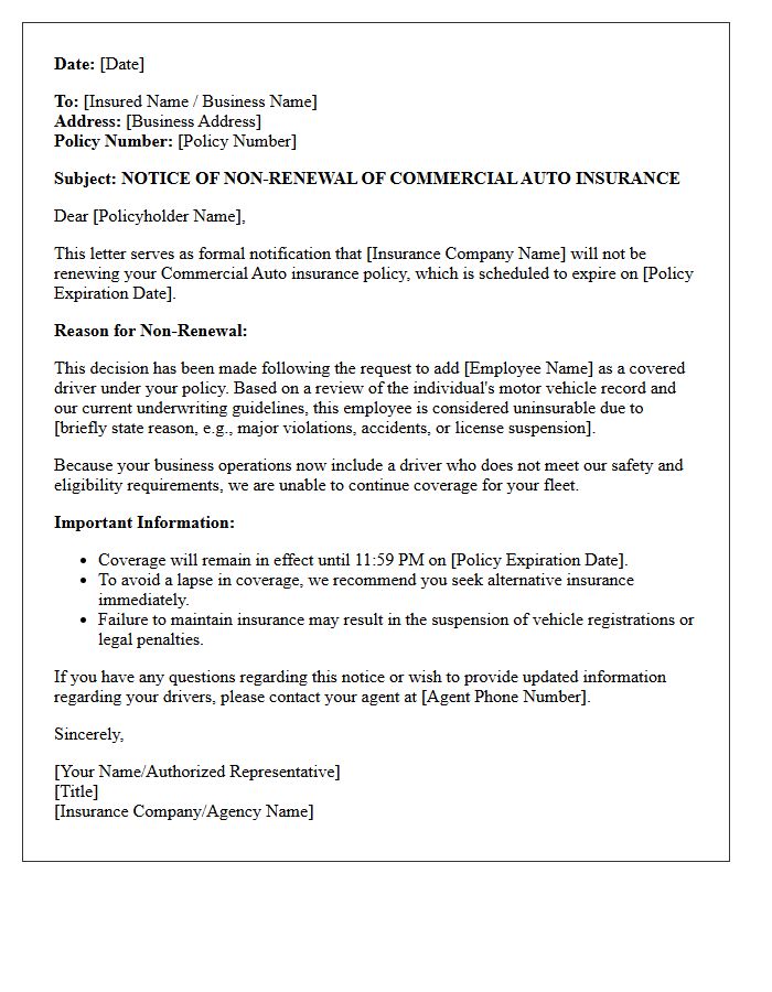 Commercial Auto Non-Renewal Letter for Uninsurable Employee Addition