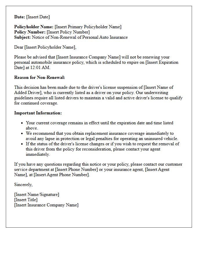 Personal Auto Insurance Non-Renewal Letter Due to License Suspension of Added Driver