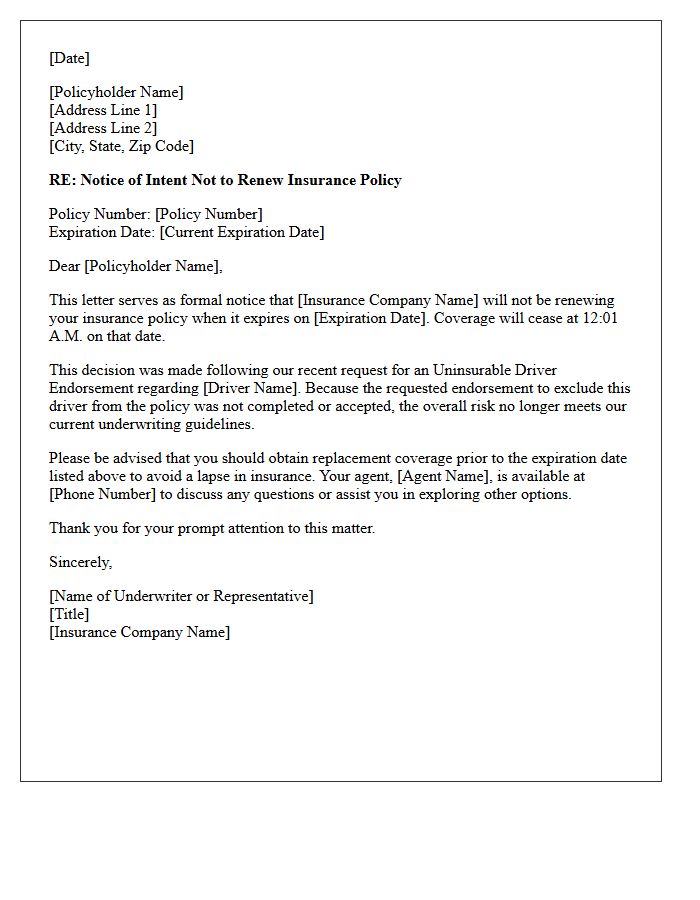 Letter of Intent Not to Renew Following Uninsurable Driver Endorsement Request