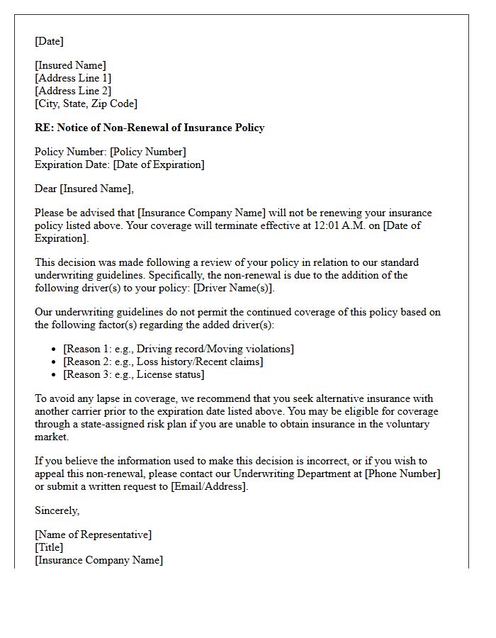 Standard Letter of Non-Renewal Based on Underwriting Guidelines for Added Drivers