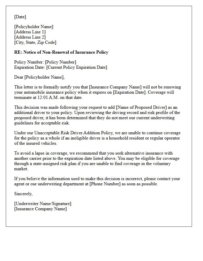 Unacceptable Risk Driver Addition Policy Non-Renewal Letter