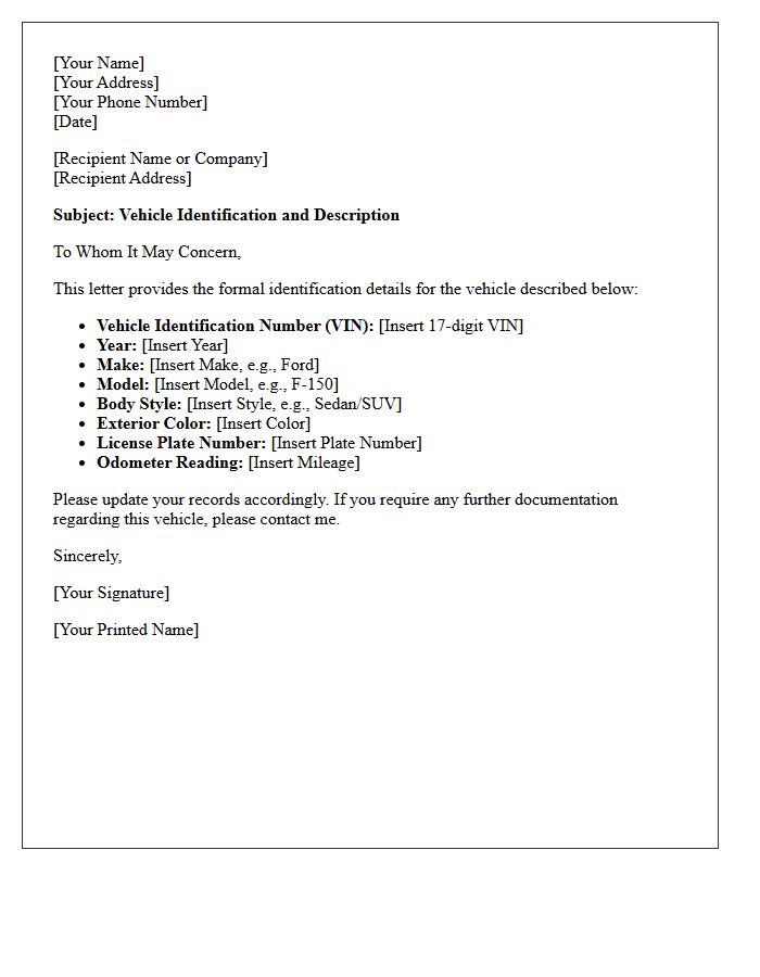 Vehicle Identification Number and Description