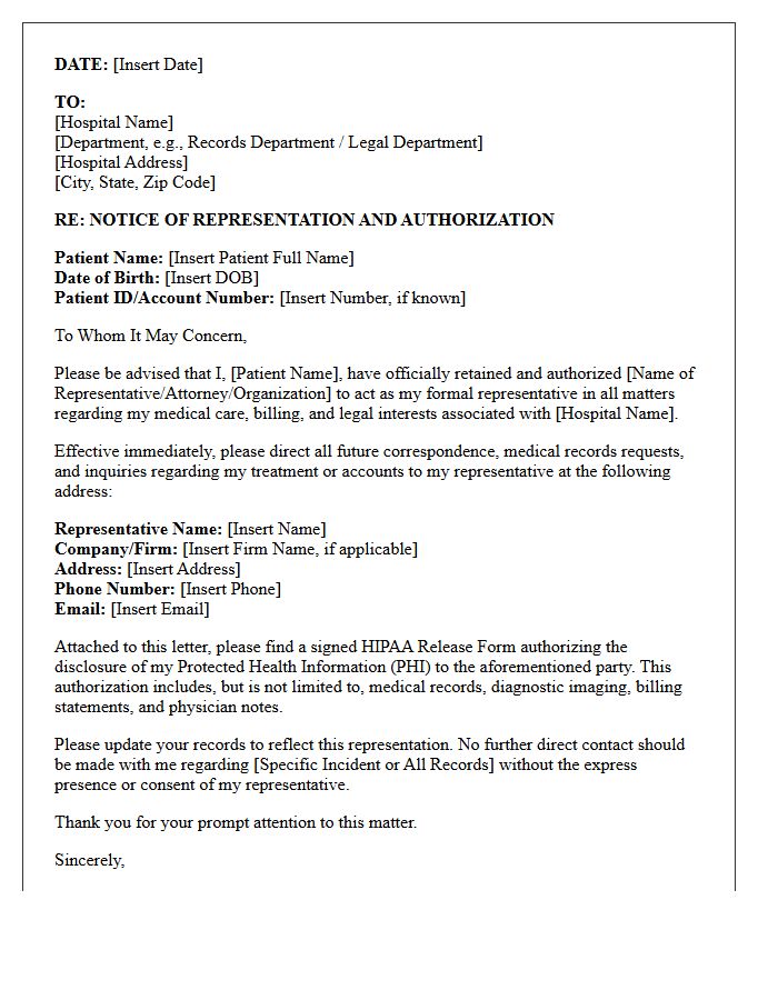 Notice Letter of Patient Representation to Hospital