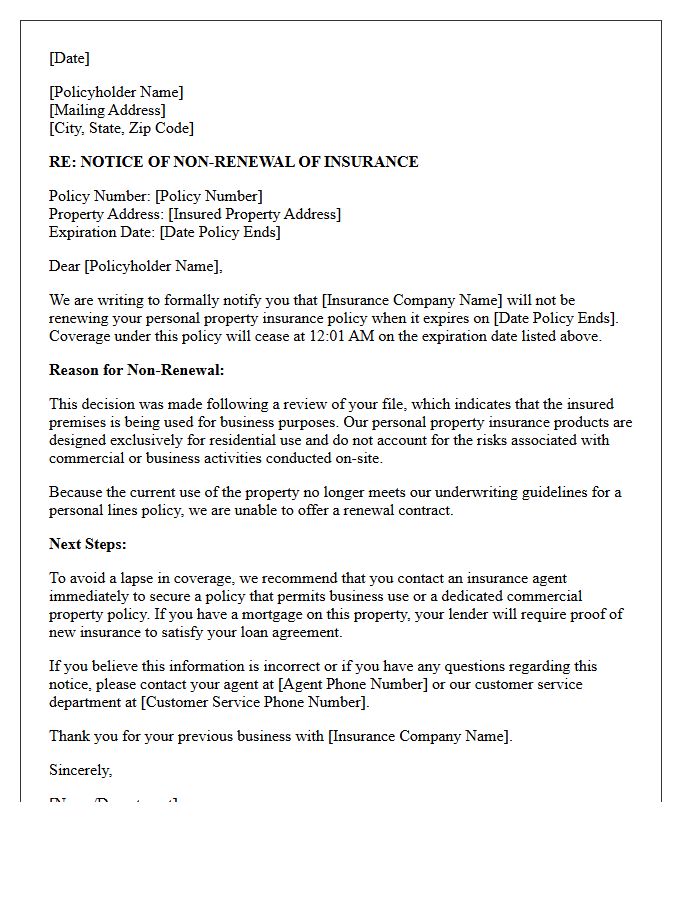 Personal Property Insurance Non-Renewal Letter Due to Business Use