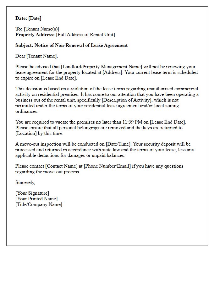 Letter of Non-Renewal for Unauthorized Commercial Activity on Residential Premises