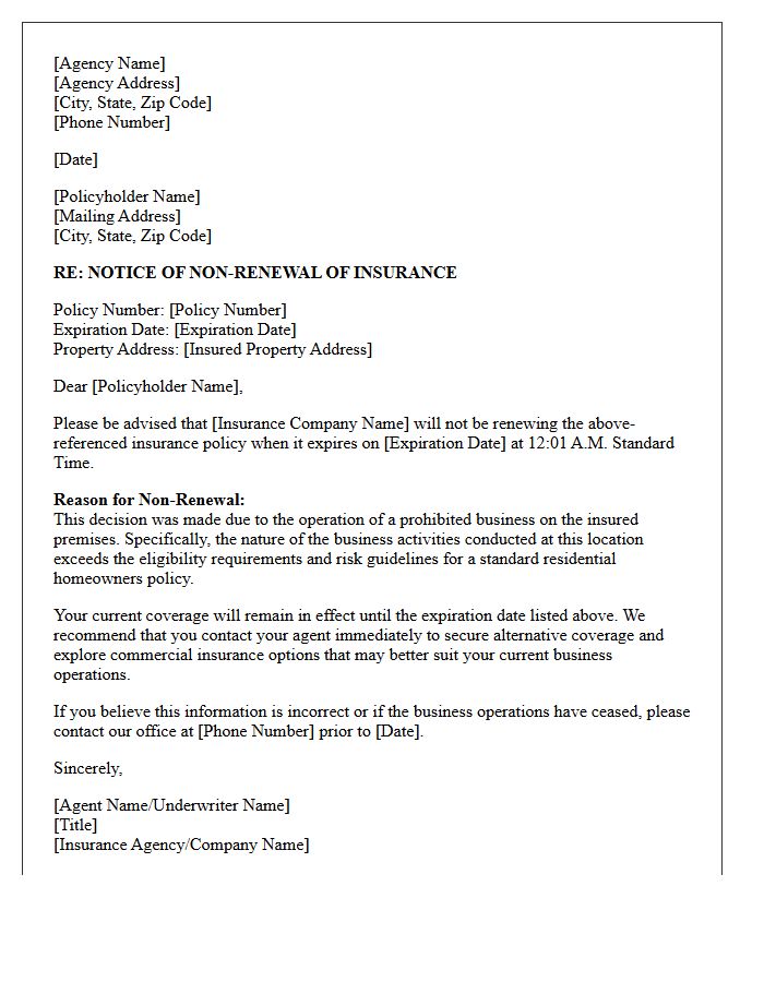 Insurance Agency Letter of Policy Non-Renewal for Prohibited Home Business