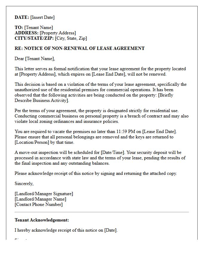 Official Letter of Non-Renewal Due to Commercial Operations on Personal Property
