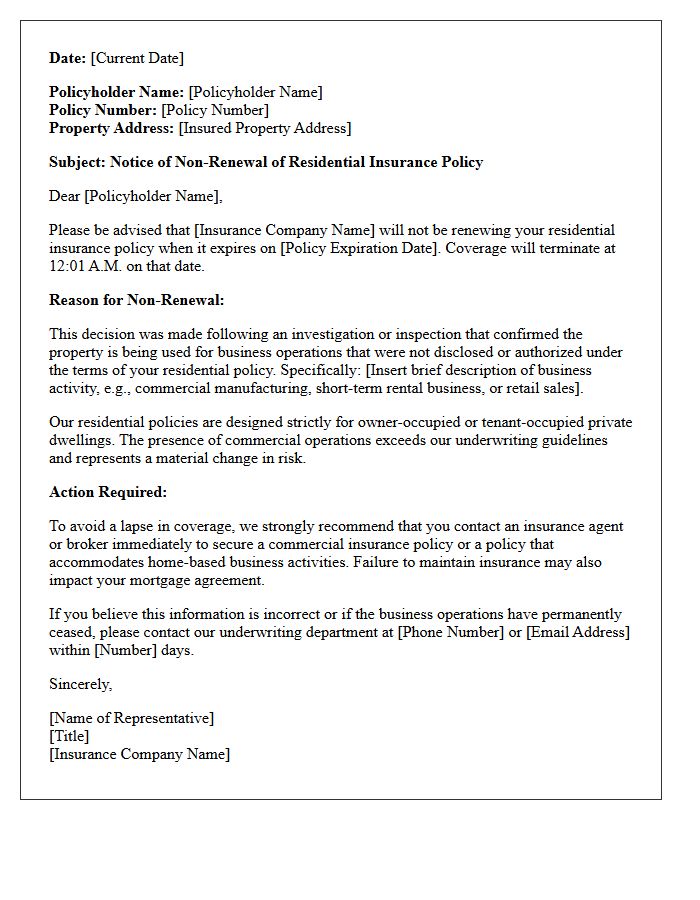 Residential Policy Non-Renewal Letter Regarding Unauthorized Business Operations