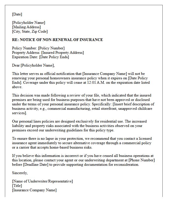 Letter of Insurance Non-Renewal for Unapproved Business Use of Personal Premises