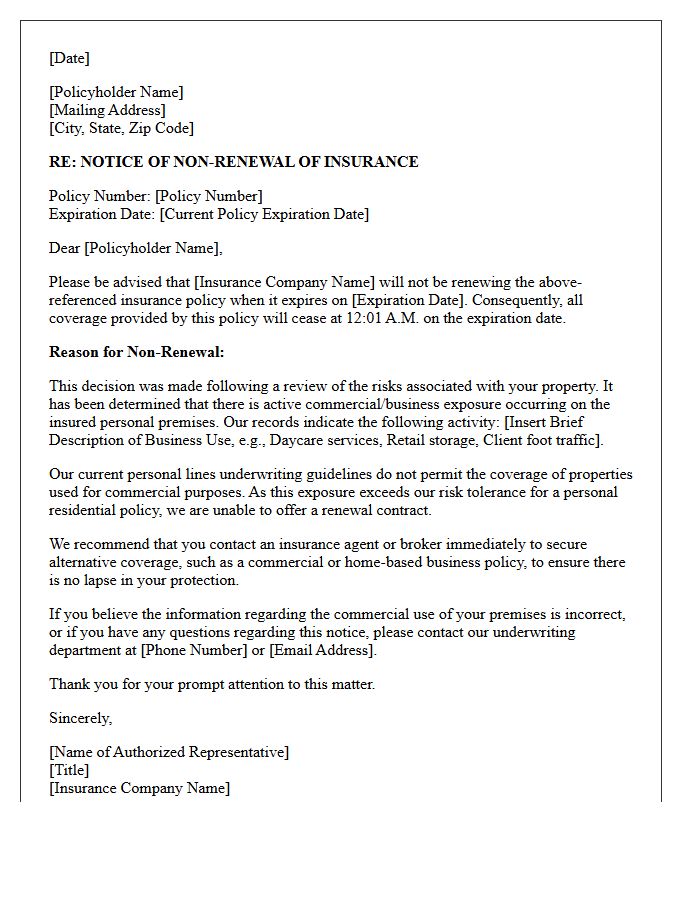 Notice Letter of Non-Renewal Due to Commercial Exposure on Personal Premises