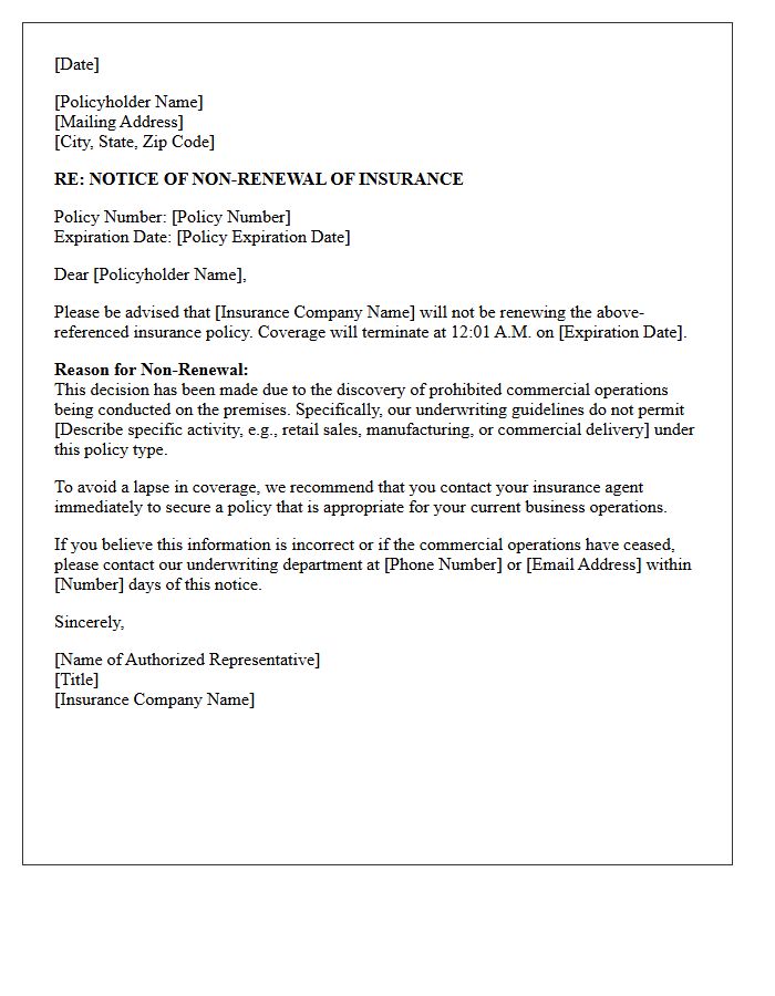Policyholder Letter of Non-Renewal for Prohibited Commercial Operations