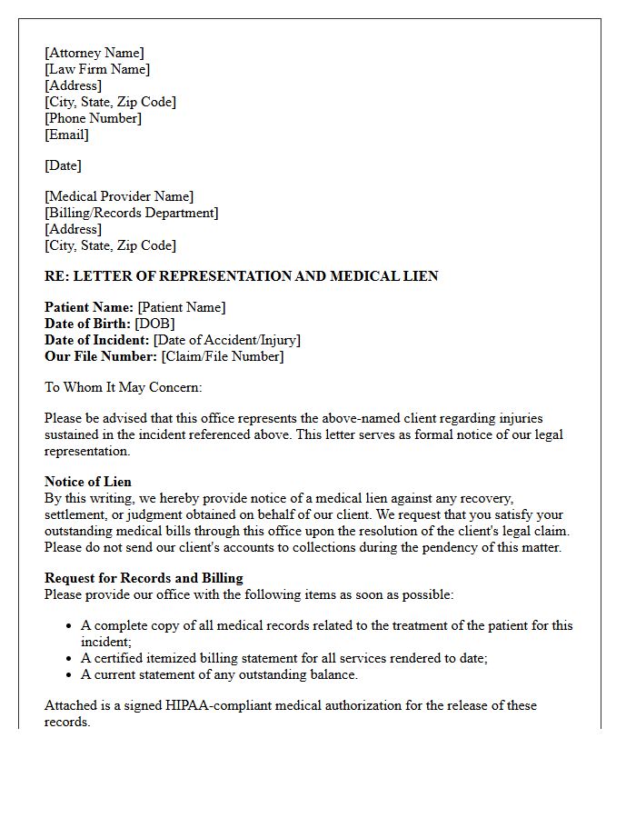 Letter of Representation and Medical Lien Confirmation