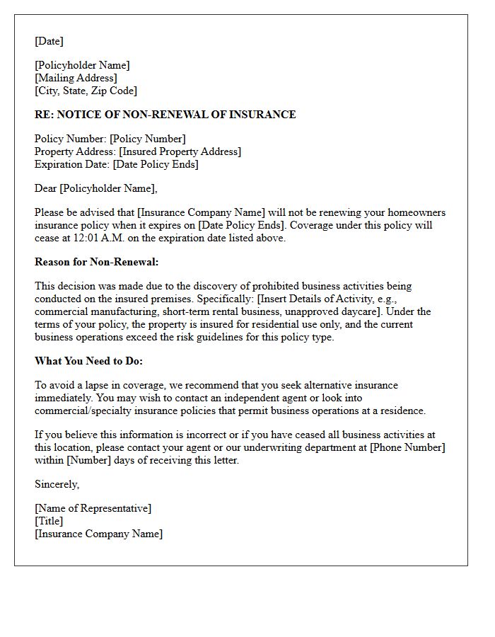 Homeowners Insurance Non-Renewal Letter for Prohibited Business Activities