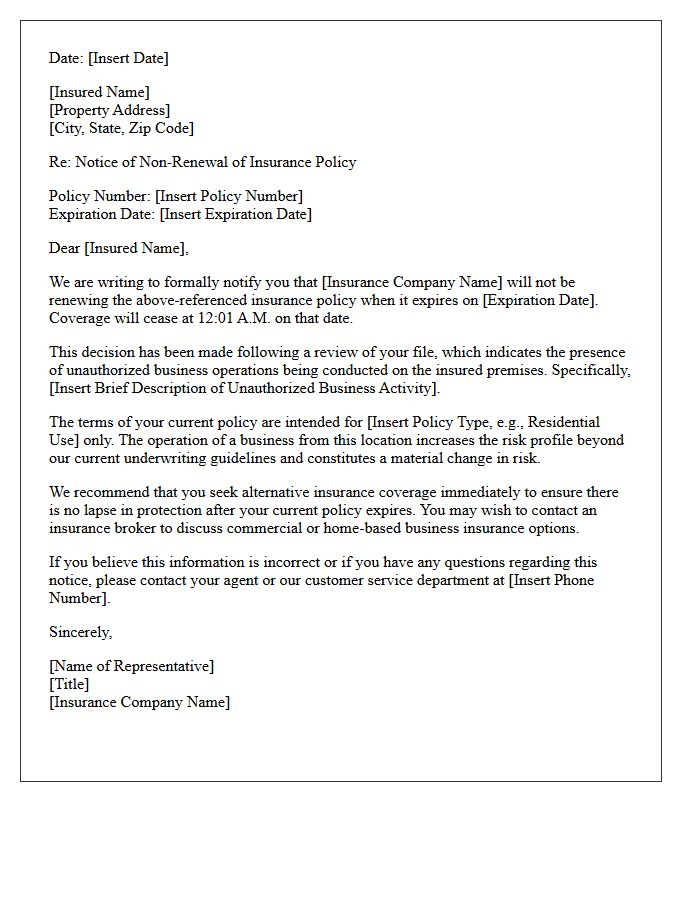 Letter Declining Policy Renewal Due to Unauthorized Business on Premises