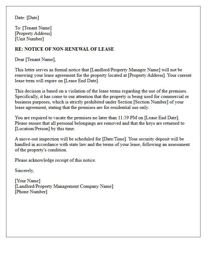 Non-Renewal Letter for Prohibited Commercial Use of Personal Premises