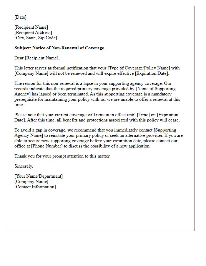 Notice of Non-Renewal Letter Due to Lapse in Supporting Agency Coverage