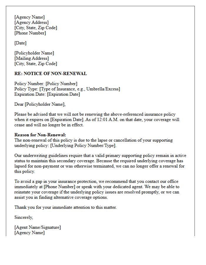 Standard Insurance Agency Non-Renewal Letter for Lapsed Supporting Policy