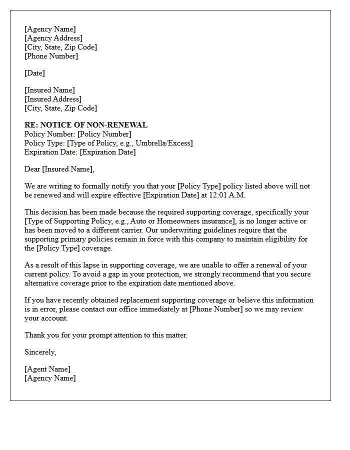 Agency to Insured Non-Renewal Letter Regarding Dropped Supporting Coverage