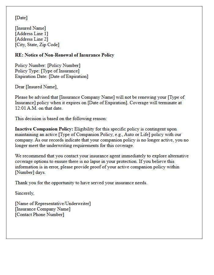 Notice of Policy Non-Renewal Letter Due to Inactive Companion Policy