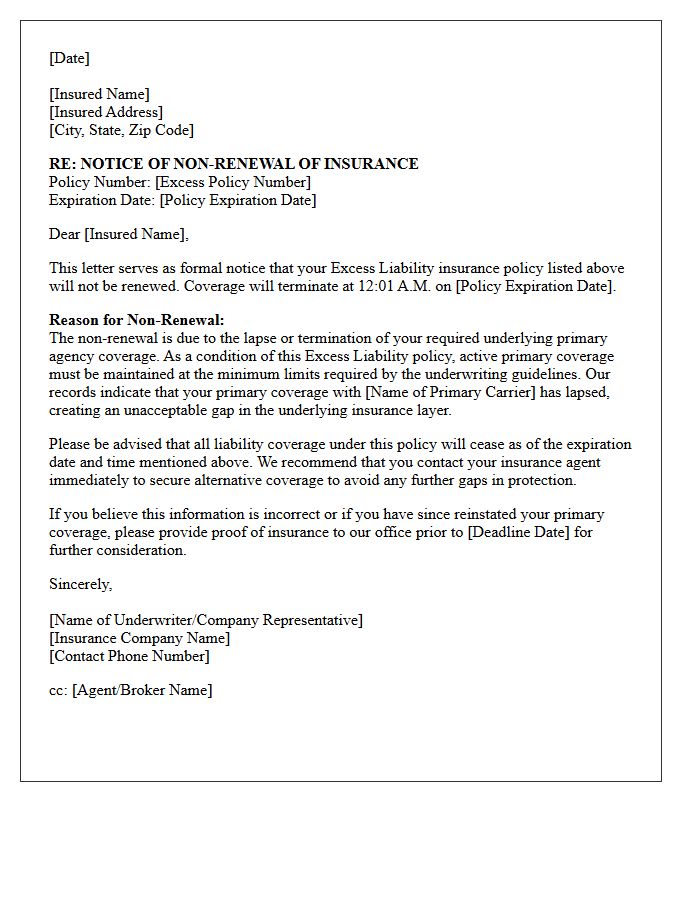 Excess Liability Non-Renewal Letter for Lapsed Primary Agency Coverage