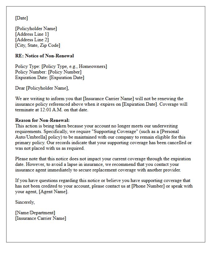 Carrier Mandated Non-Renewal Letter for Missing Supporting Coverage