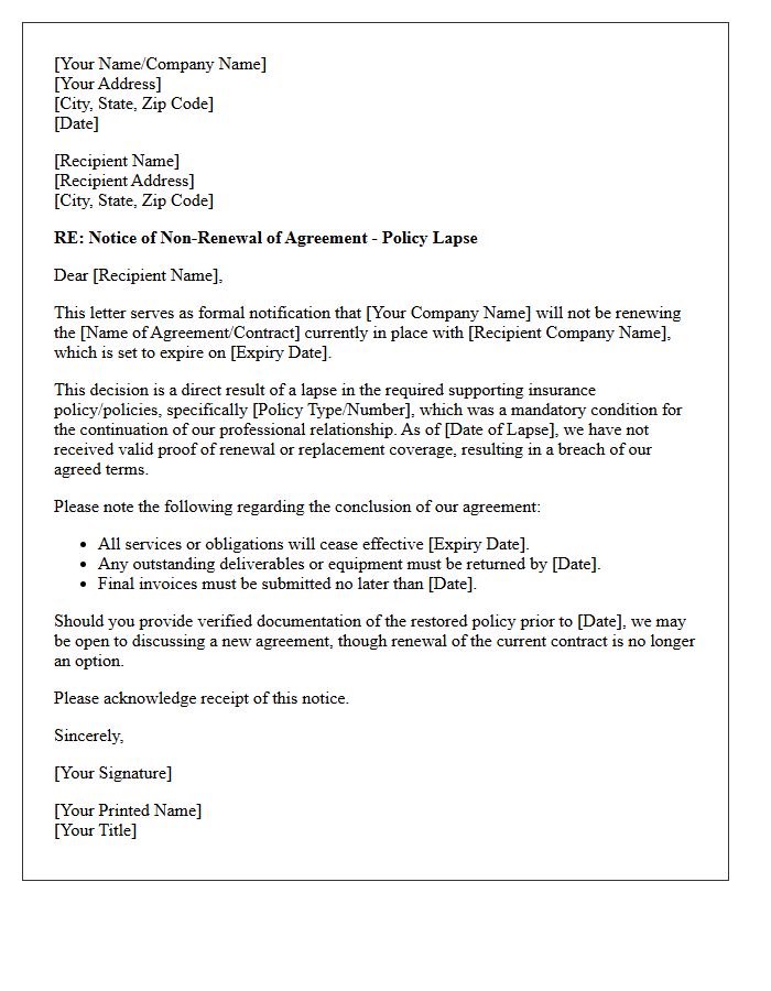 Formal Notice of Non-Renewal Letter Regarding Supporting Policy Lapse