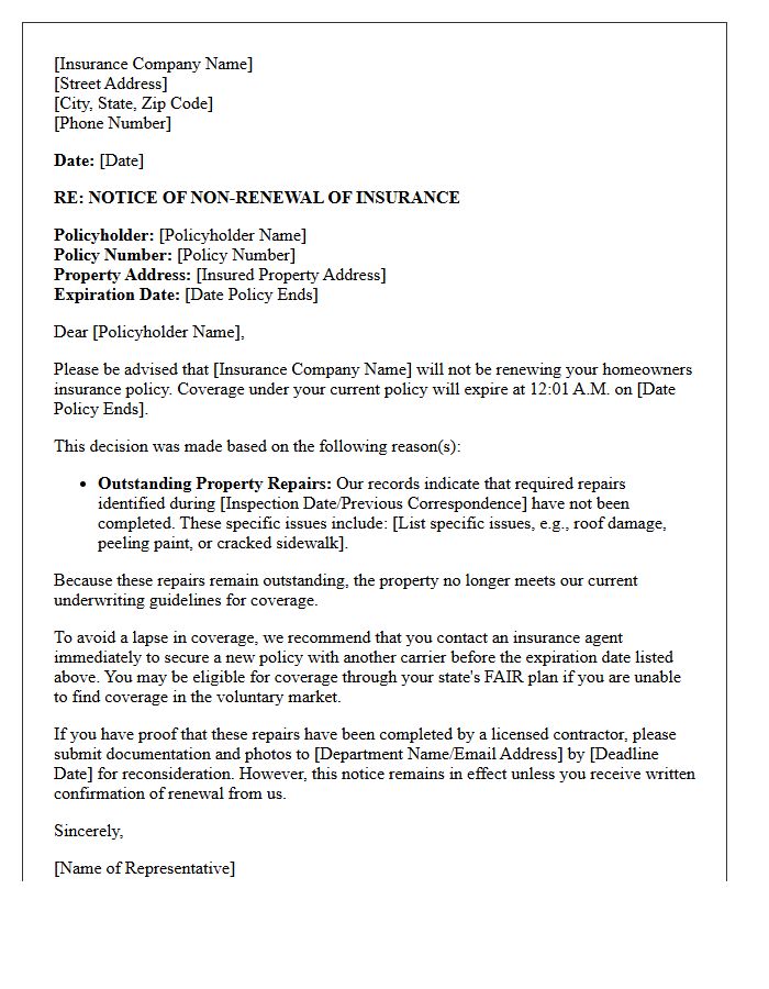 Homeowners Insurance Non-Renewal Letter for Outstanding Property Repairs
