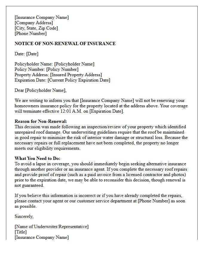 Unrepaired Roof Damage Insurance Non-Renewal Letter