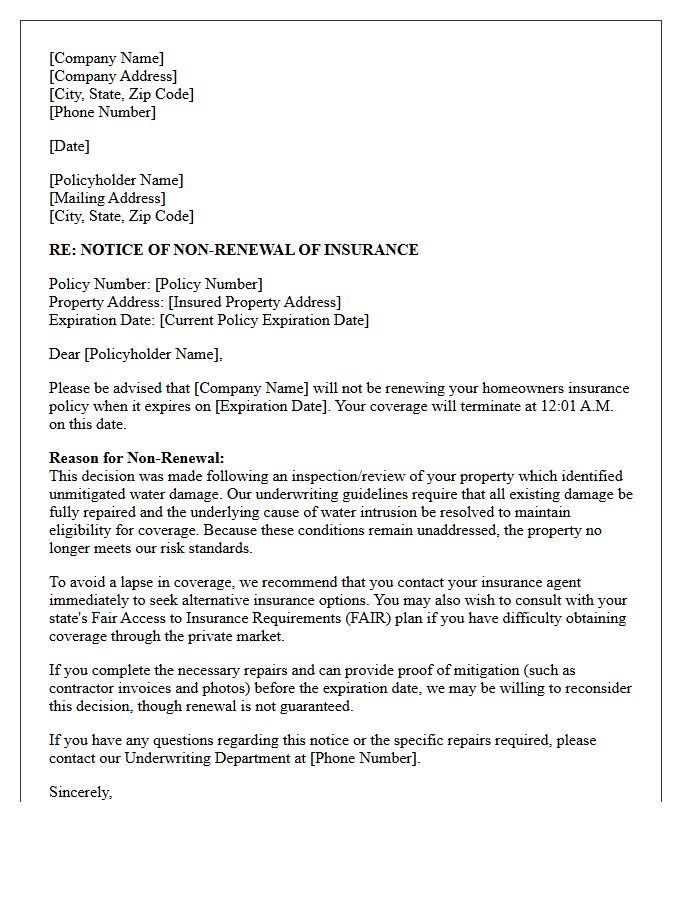 Unmitigated Water Damage Policy Non-Renewal Letter