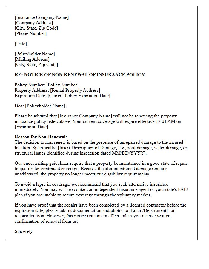 Rental Property Unrepaired Damage Insurance Non-Renewal Letter