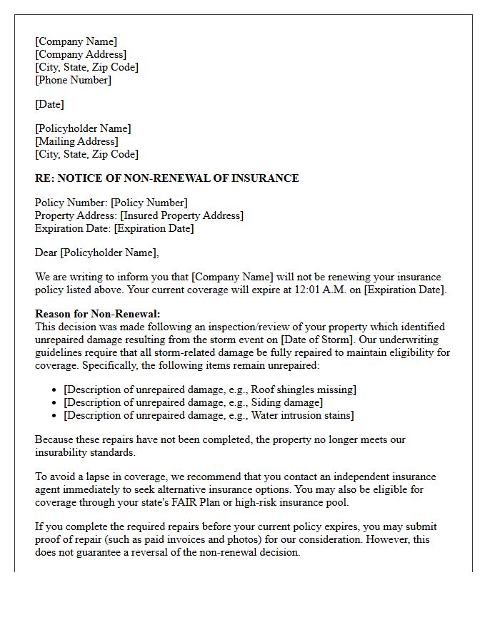 Unrepaired Storm Damage Policy Non-Renewal Letter