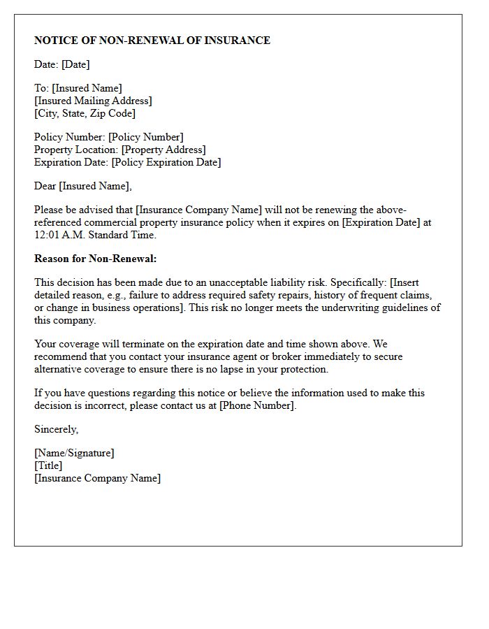 Commercial Property Unacceptable Liability Risk Non-Renewal Letter