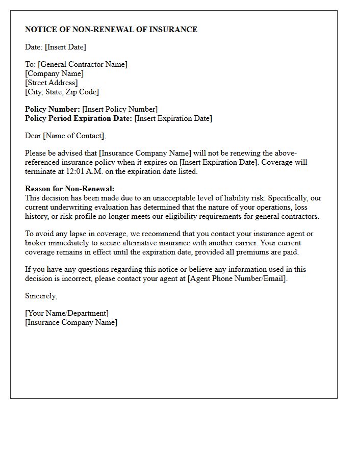 General Contractor Unacceptable Liability Risk Non-Renewal Letter