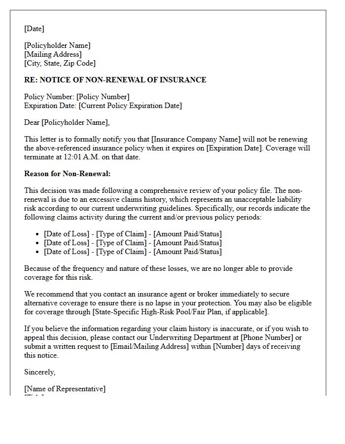 Excessive Claims History Unacceptable Liability Risk Non-Renewal Letter