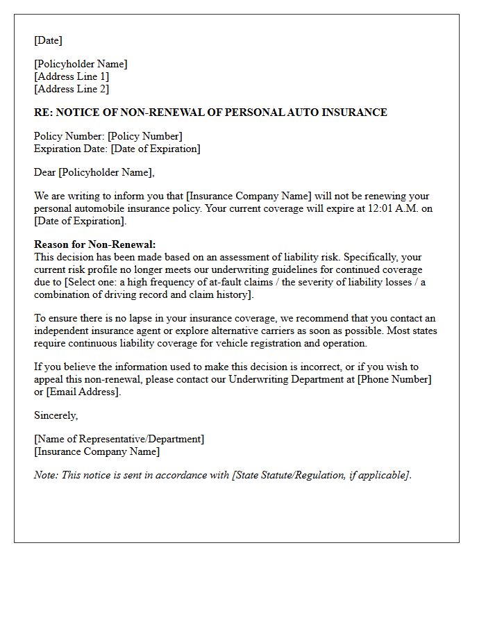Personal Auto High Liability Risk Non-Renewal Letter