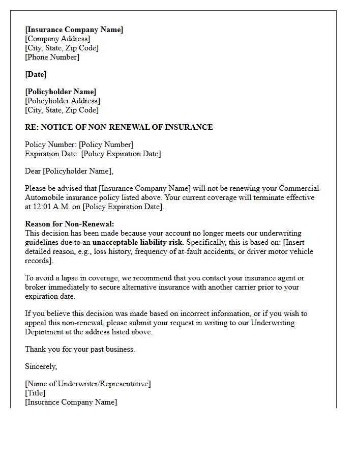 Commercial Auto Unacceptable Liability Risk Non-Renewal Letter