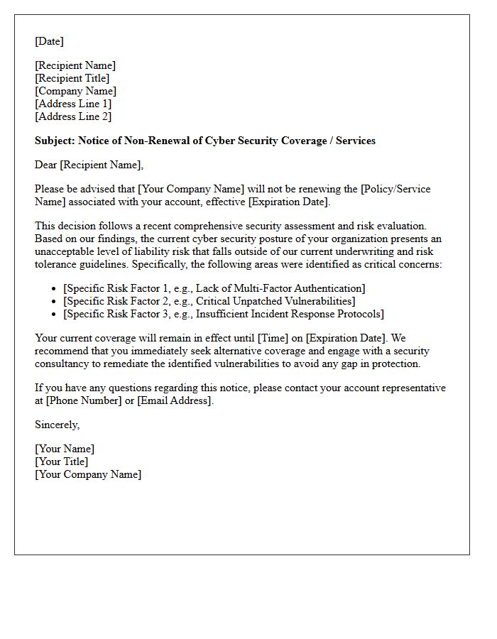 Cyber Security Unacceptable Liability Risk Non-Renewal Letter