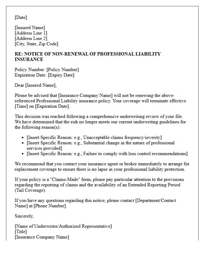 Professional Liability Unacceptable Risk Non-Renewal Letter