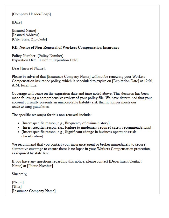 Workers Compensation Unacceptable Liability Risk Non-Renewal Letter