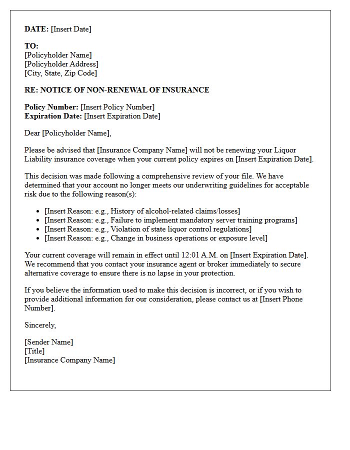 Liquor Liability Unacceptable Risk Non-Renewal Letter