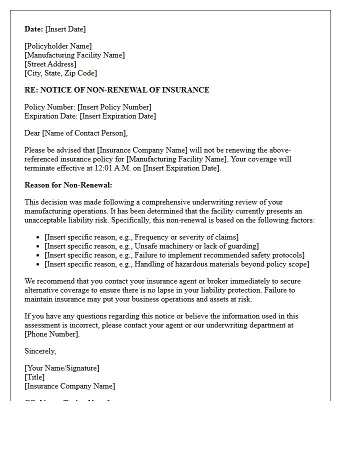 Manufacturing Facility Unacceptable Liability Risk Non-Renewal Letter